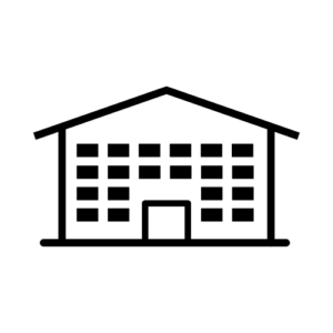 Minimalist illustration of a large institutional building with multiple windows, representing traditional institutional care.