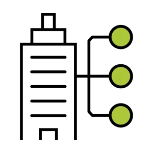A building with connected dots representing an organized system.