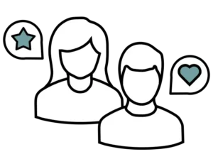Two people with icons representing advocacy and personal experience.