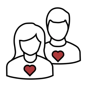 Two people with hearts on their chests, symbolizing care and social services.