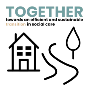 Logo of the Together+ project, featuring the word 'TOGETHER' in bold letters and an illustration of a house, tree, and path, symbolizing transition in social care.